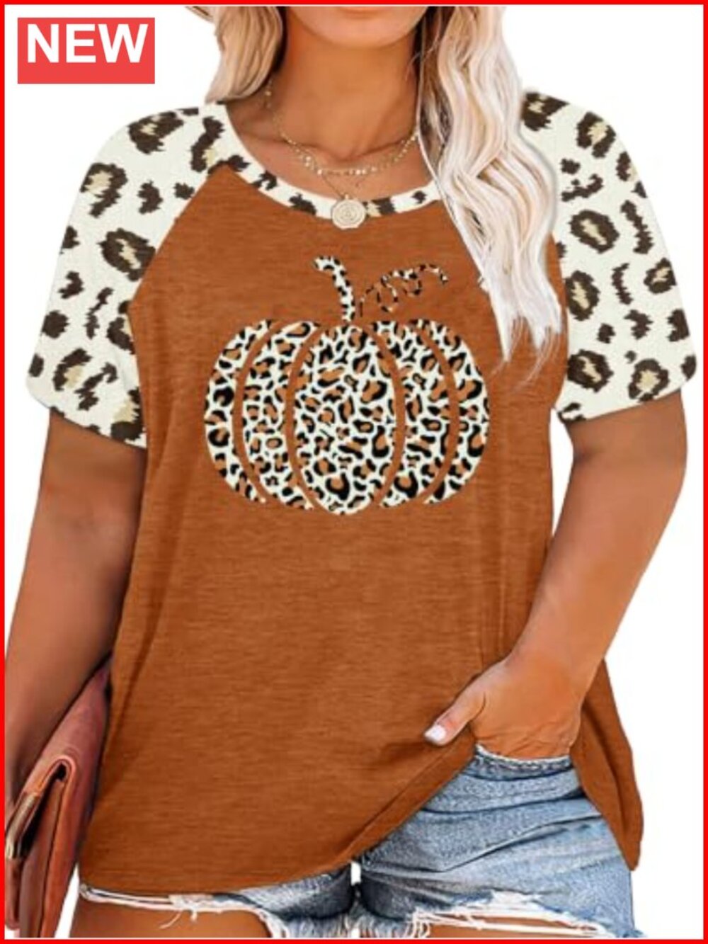Plus Size Halloween Pumpkin Plaid Leopard Graphic T-Shirt Short Sleeve Fall